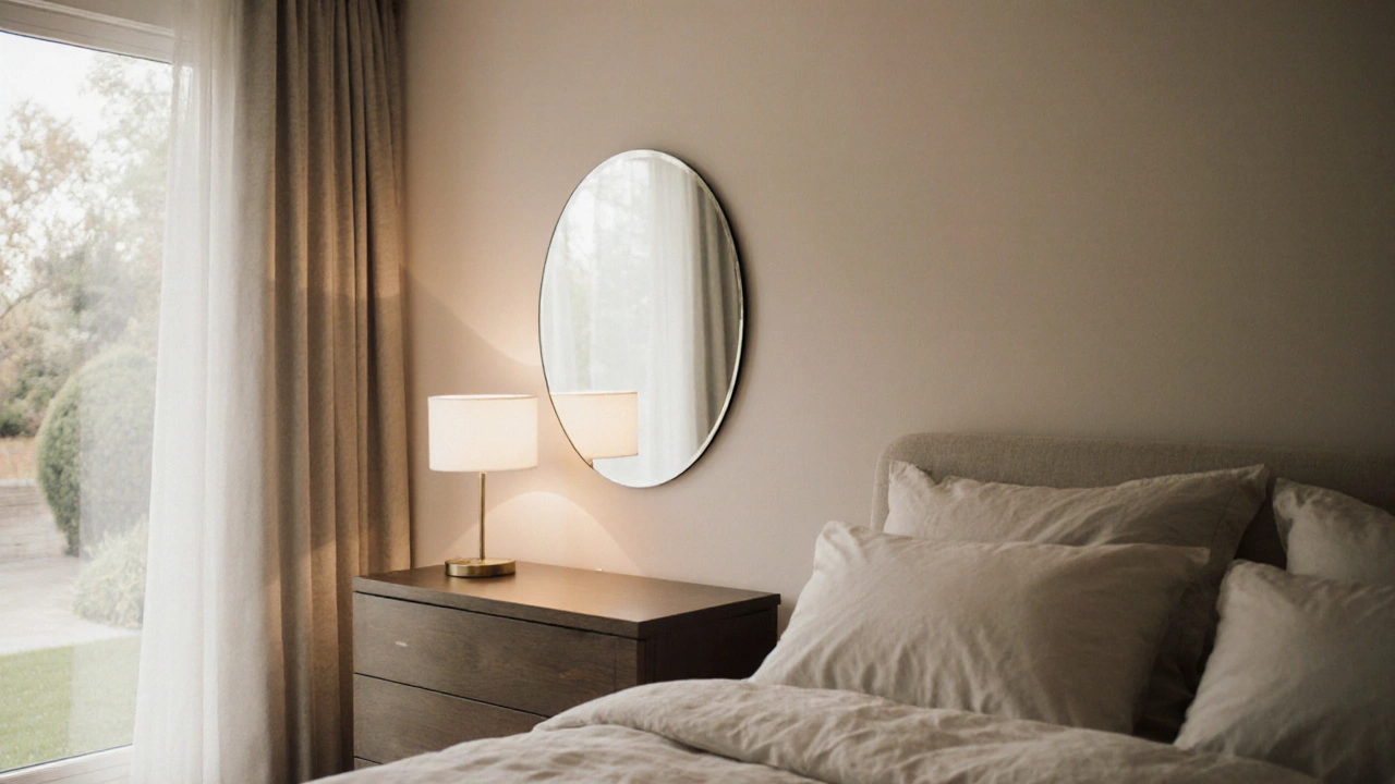 Bedroom showing a side‑placed mirror above a dresser, avoiding the bed.