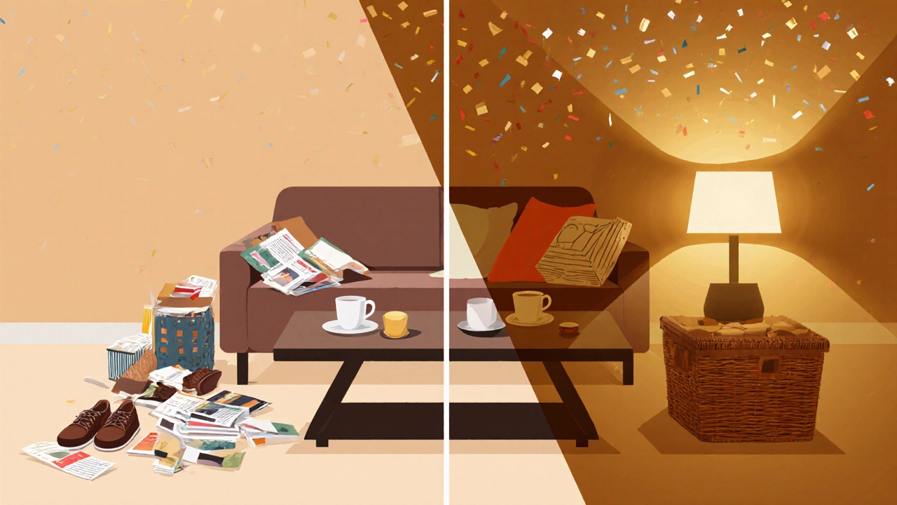 Before‑and‑after living room split view: messy on the left, tidy and organized on the right with celebratory glow.