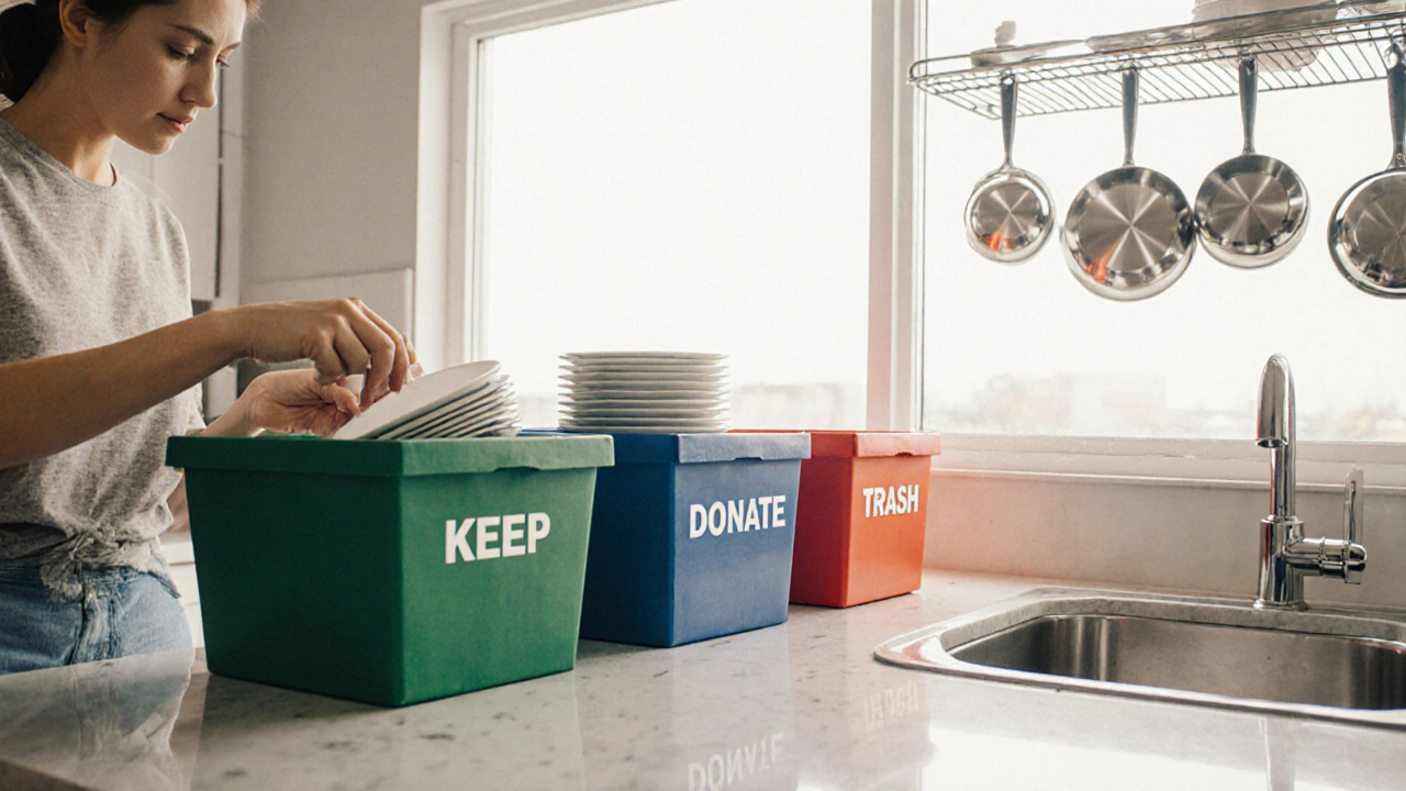 Bright kitchen with three colored boxes and a person sorting dishes, showing active decluttering.