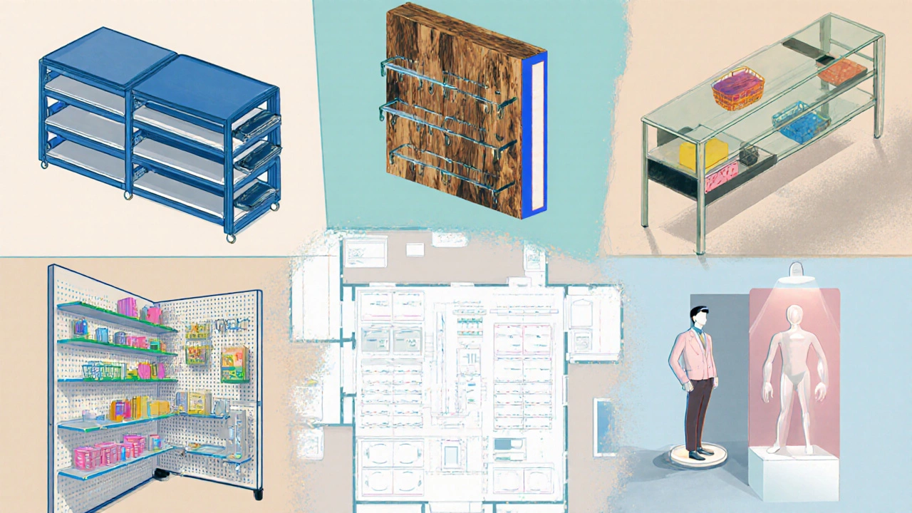 Collage of six retail shelving types: gondola, wall, end cap, pegboard, bin, and display fixture.