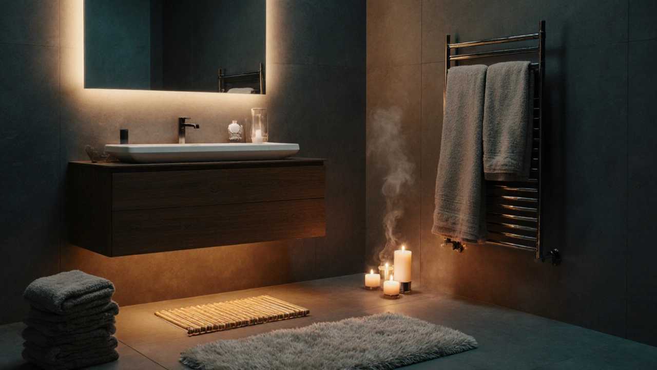 Cozy upscale bathroom with radiant heated floor, heated towel rack, candles, and plush towels.