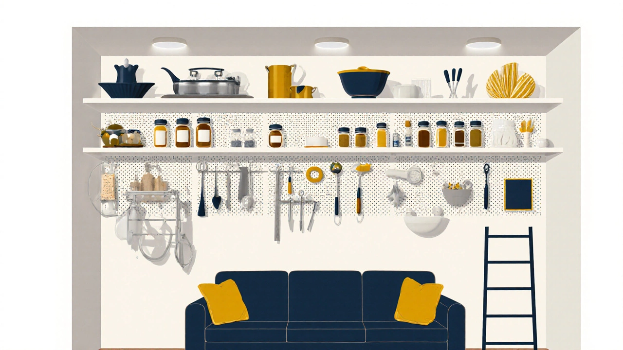 Cut‑away view of living room with floor‑to‑ceiling shelves and pegboards.