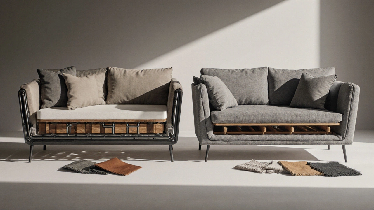 Cutaway illustration showing FlexSteel’s steel‑reinforced frame and Lazy Boy’s hardwood frame with fabric samples.