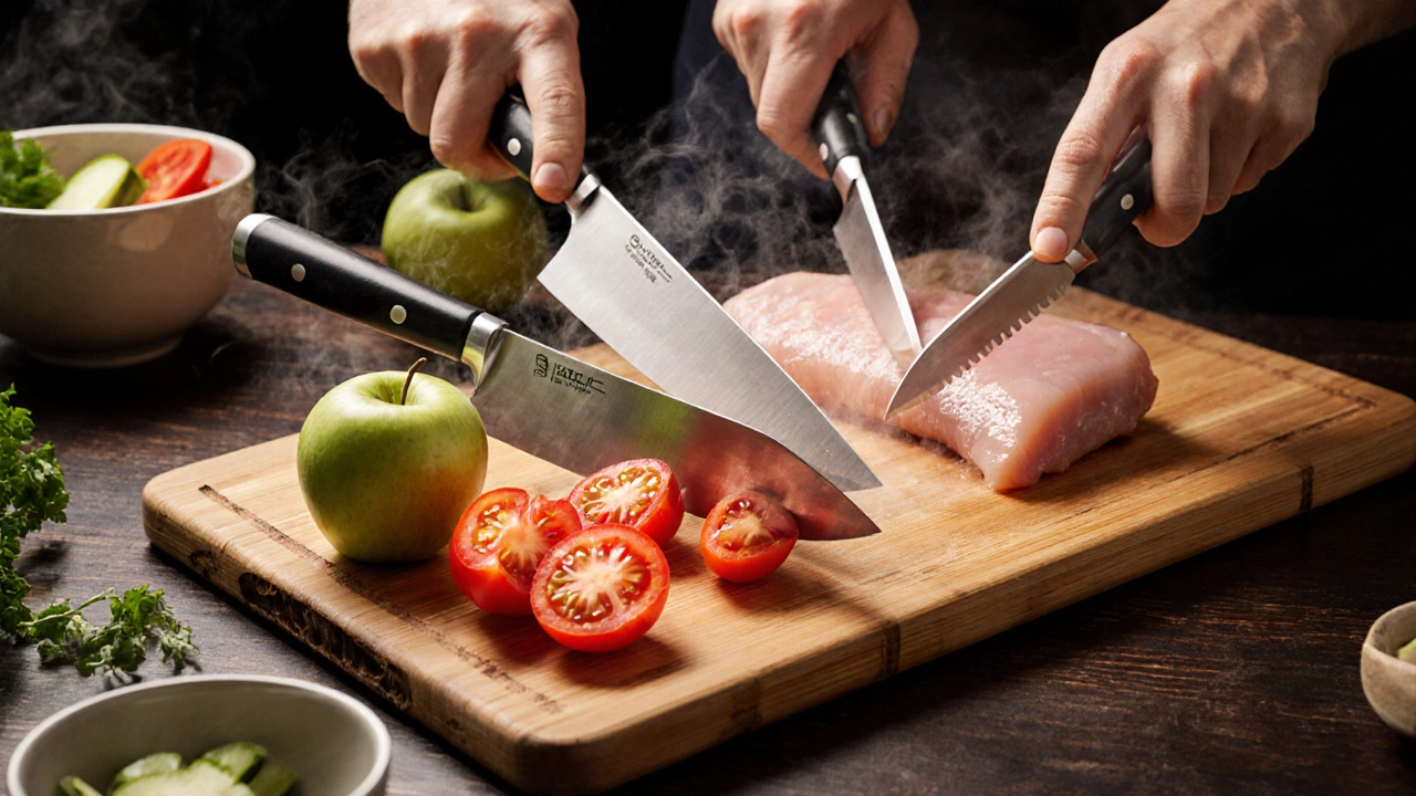Cutting board with chef&#039;s knife, paring knife, and boning knife preparing vegetables and meat.