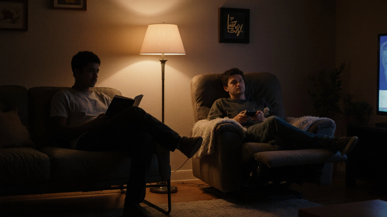 Family members relax, one reading on a FlexSteel sofa, another lounging on a Lazy Boy recliner during movie night.