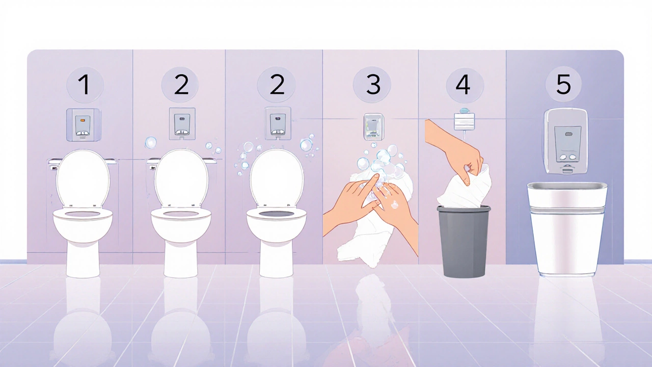 Five panels showing closing lid, using soap, scrubbing, drying, and trash disposal.