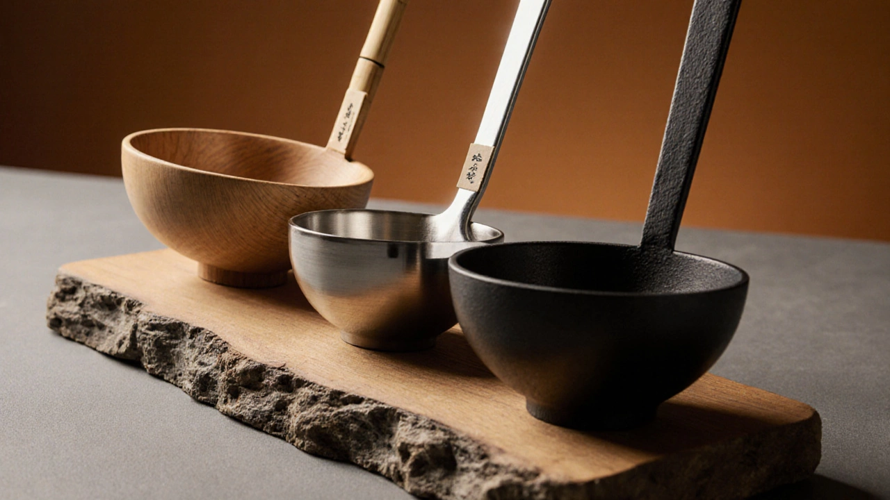 Flat lay of four Japanese ladles made of wood, bamboo, stainless steel, and cast iron.
