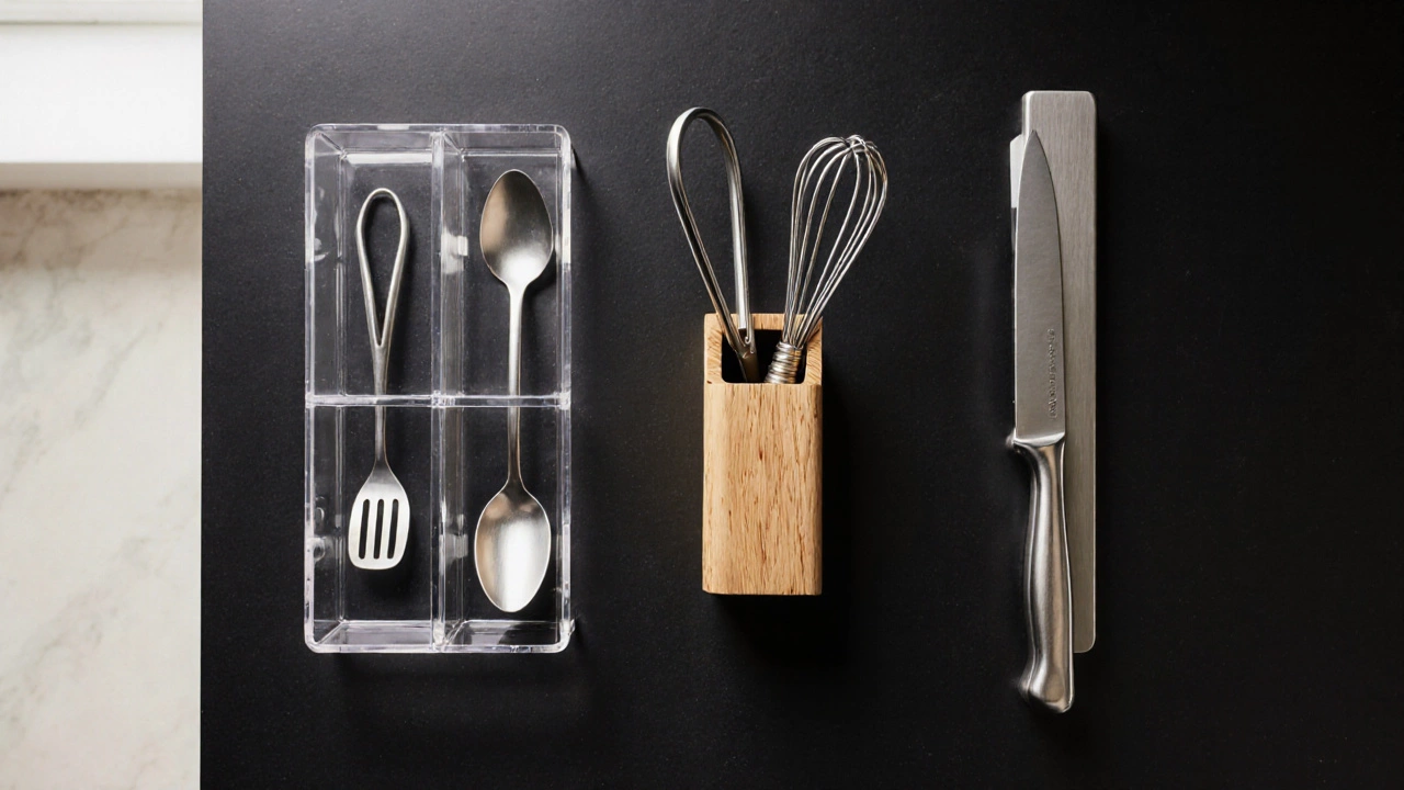 Flat‑lay of storage accessories: drawer dividers, utensil crock, and magnetic knife strip on a countertop.