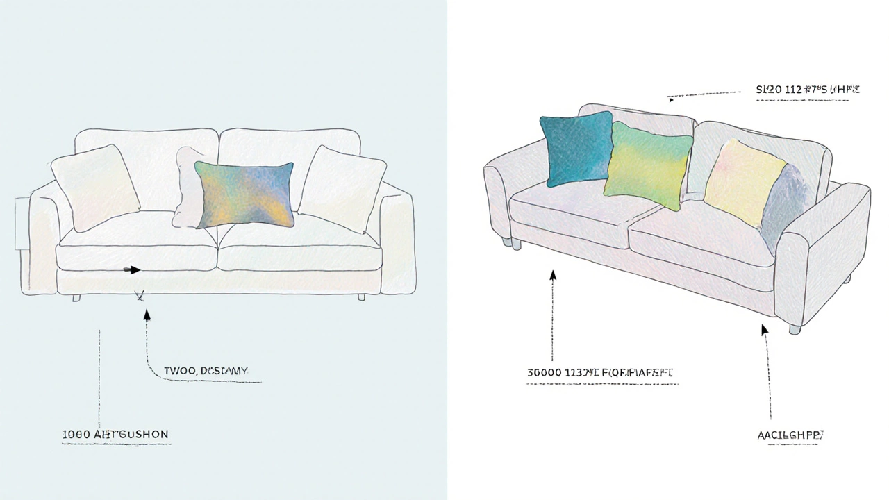 Illustration of two‑cushion and four‑cushion sofa arrangements with labeled sizes and textures.