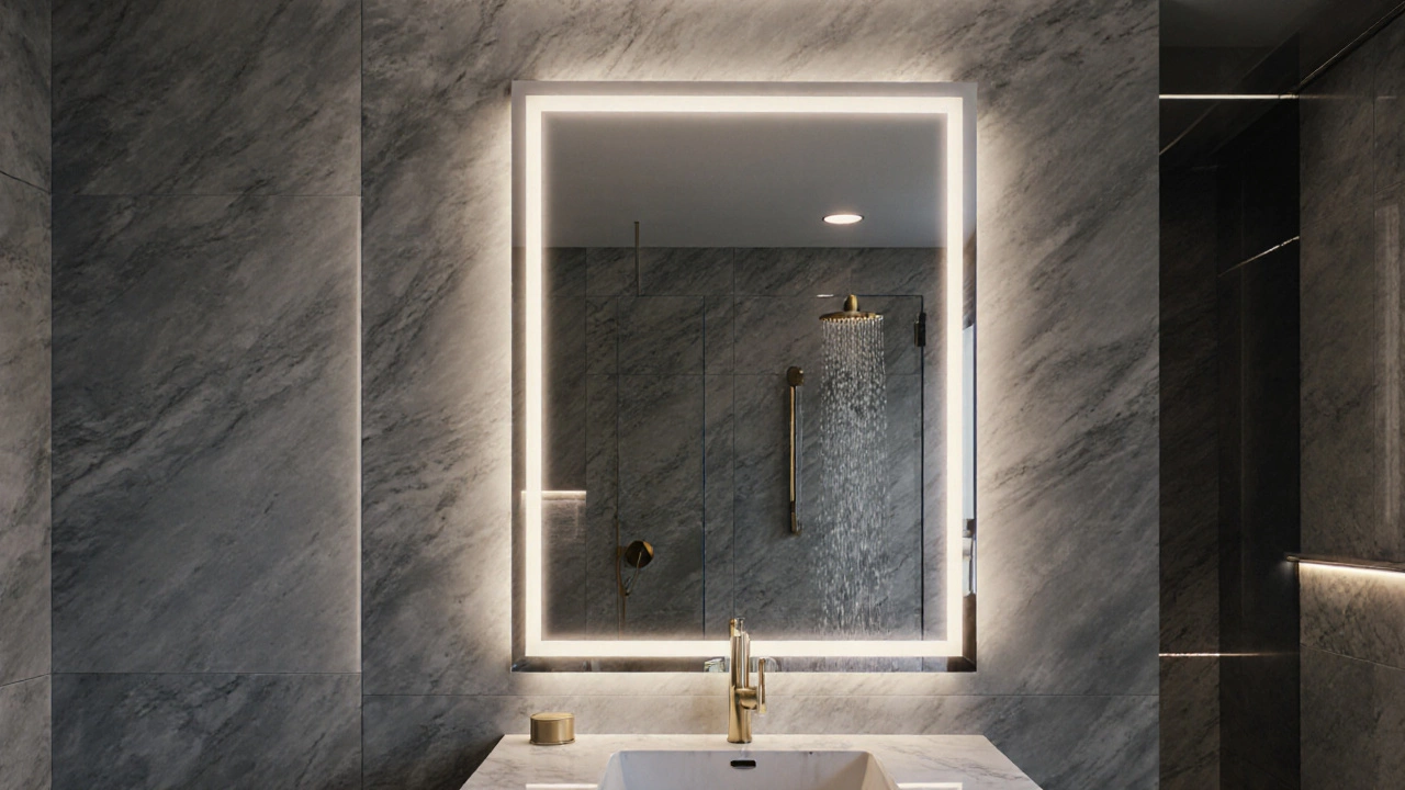 Luxury bathroom showing backlit mirror, LED lighting layers, and brushed gold fixtures.