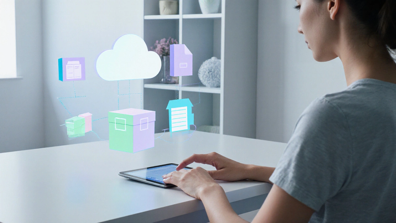 Minimalist home office showing a person using a tablet with floating icons of cloud and physical storage.