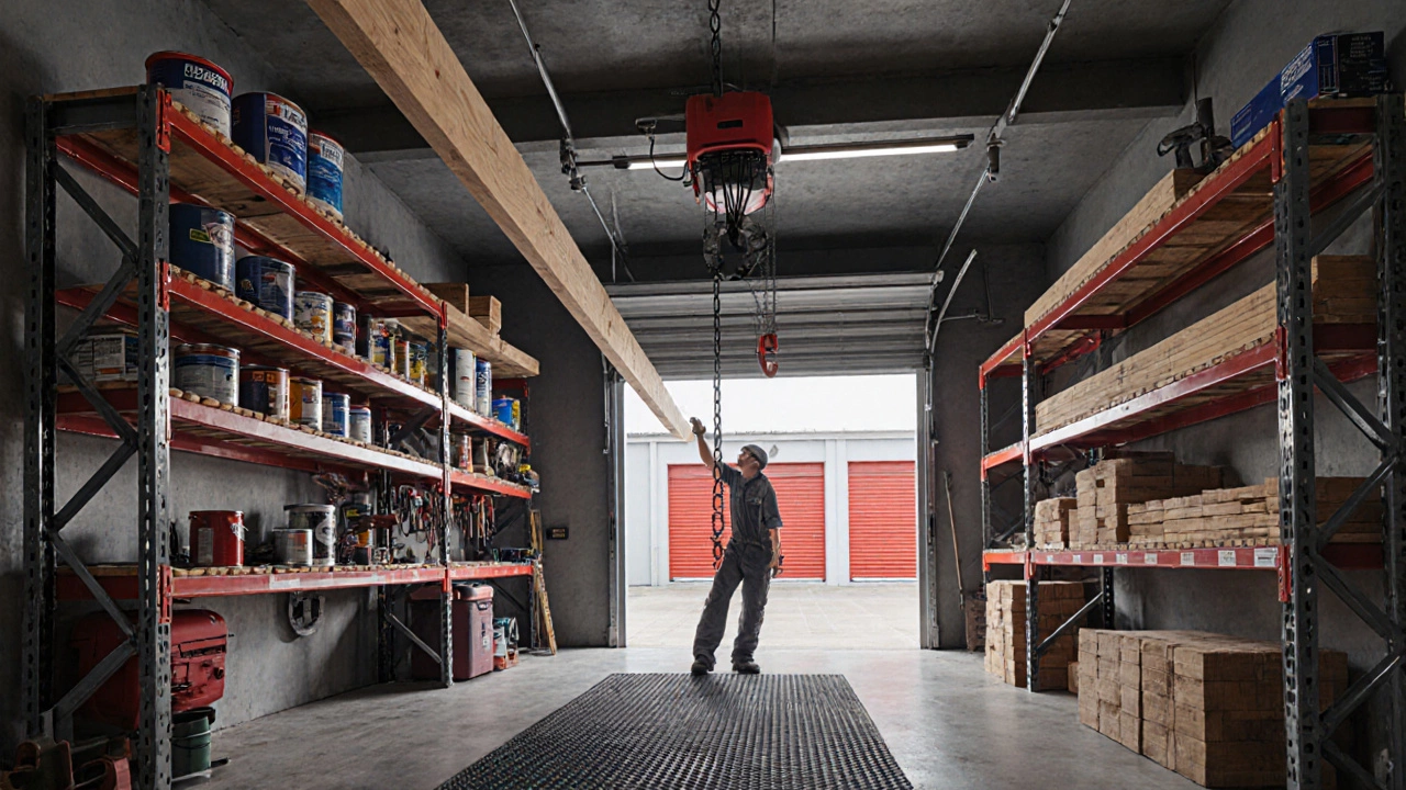 Modern garage workshop with wall racks, ceiling hoist, tools, and a self‑storage unit in view.