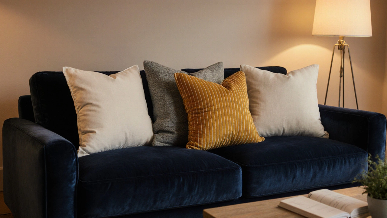 Navy sofa layered with ivory back cushions, mustard throw pillow, and a grey Euro cushion, warm lighting.