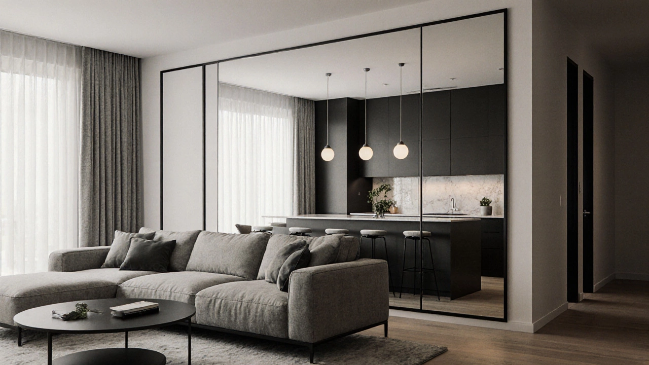 Open plan space with a floor‑to‑ceiling mirror separating lounge and kitchen.