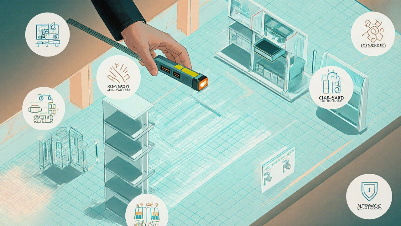Overhead store layout showing shelving placement with design tools and maintenance icons.