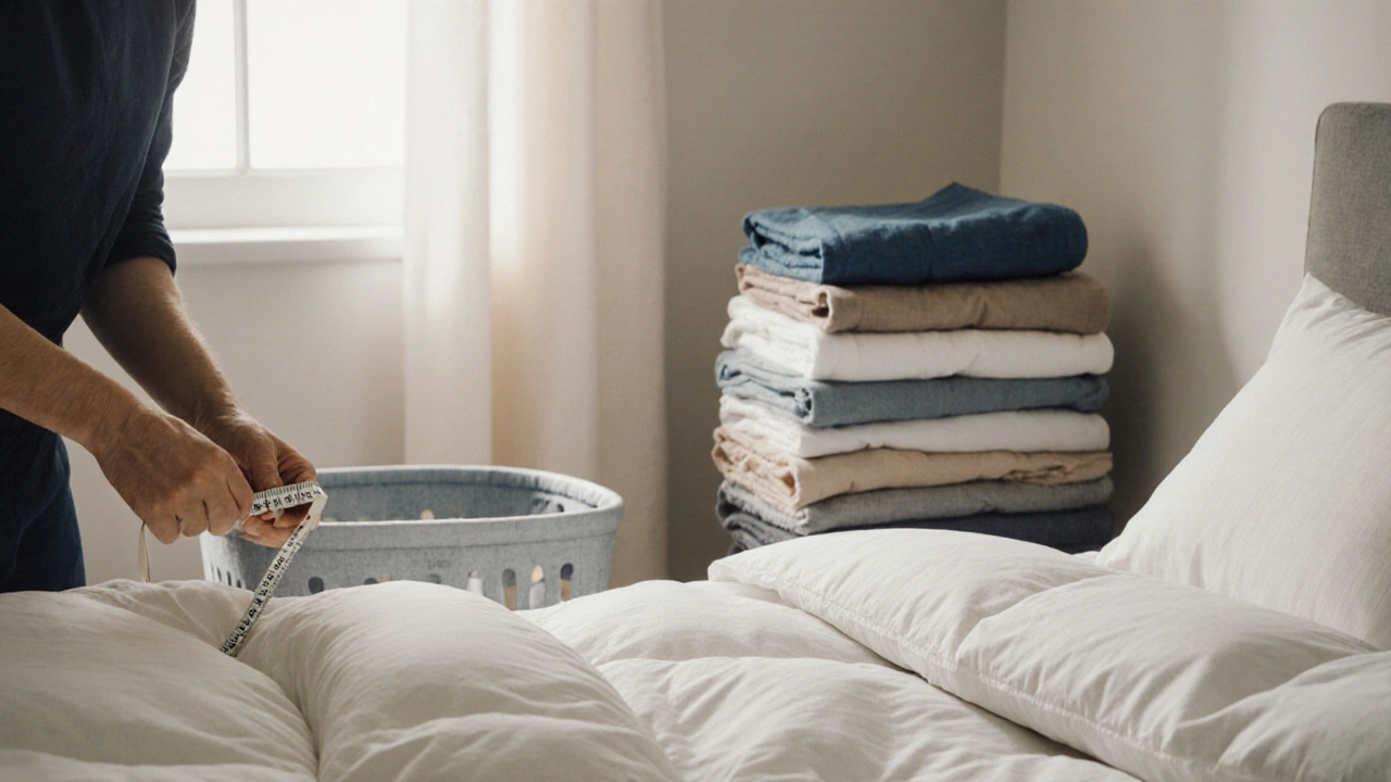 Person measuring mattress and arranging sheet sets and duvet cover on bed.