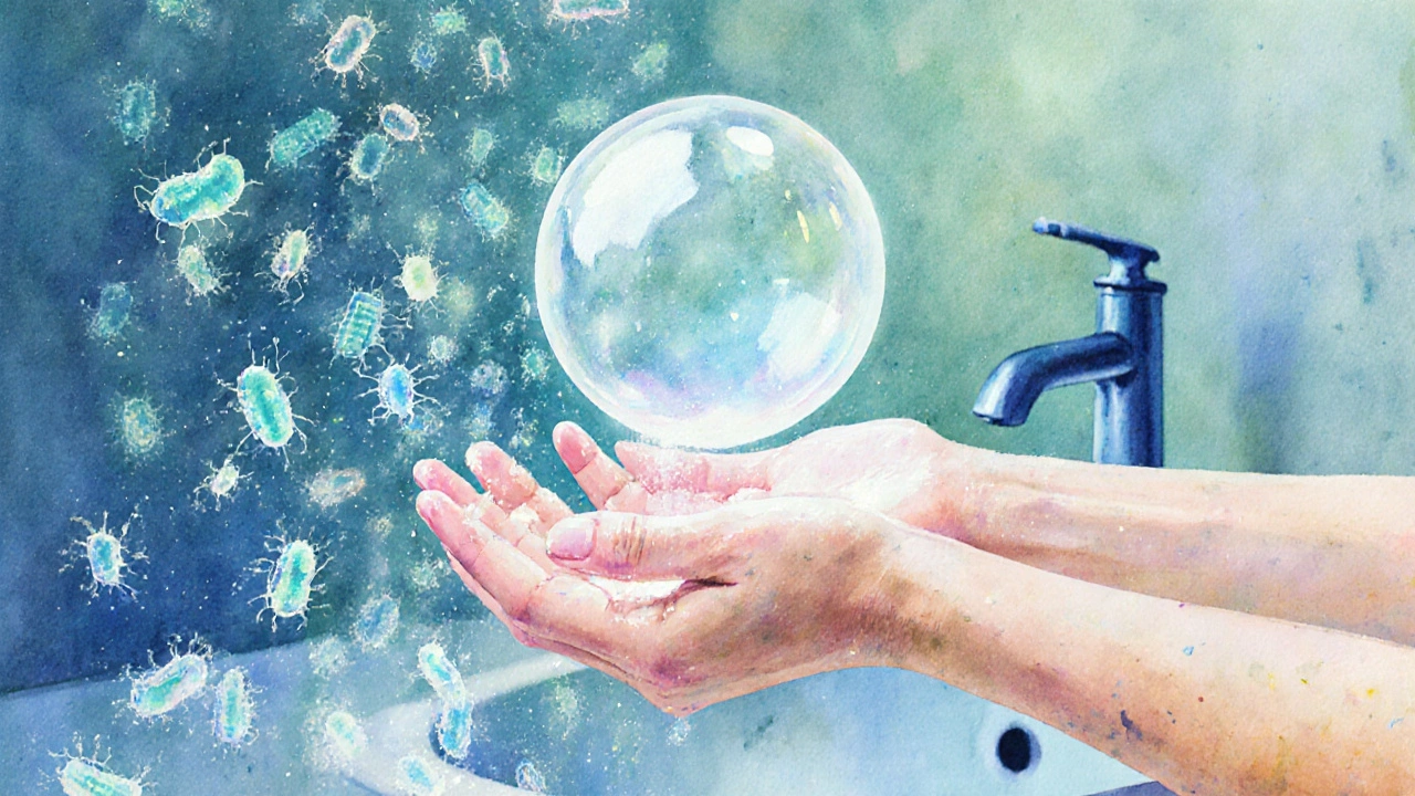 Soap bubble above clean hands stopping invisible germs in a watercolor bathroom scene.
