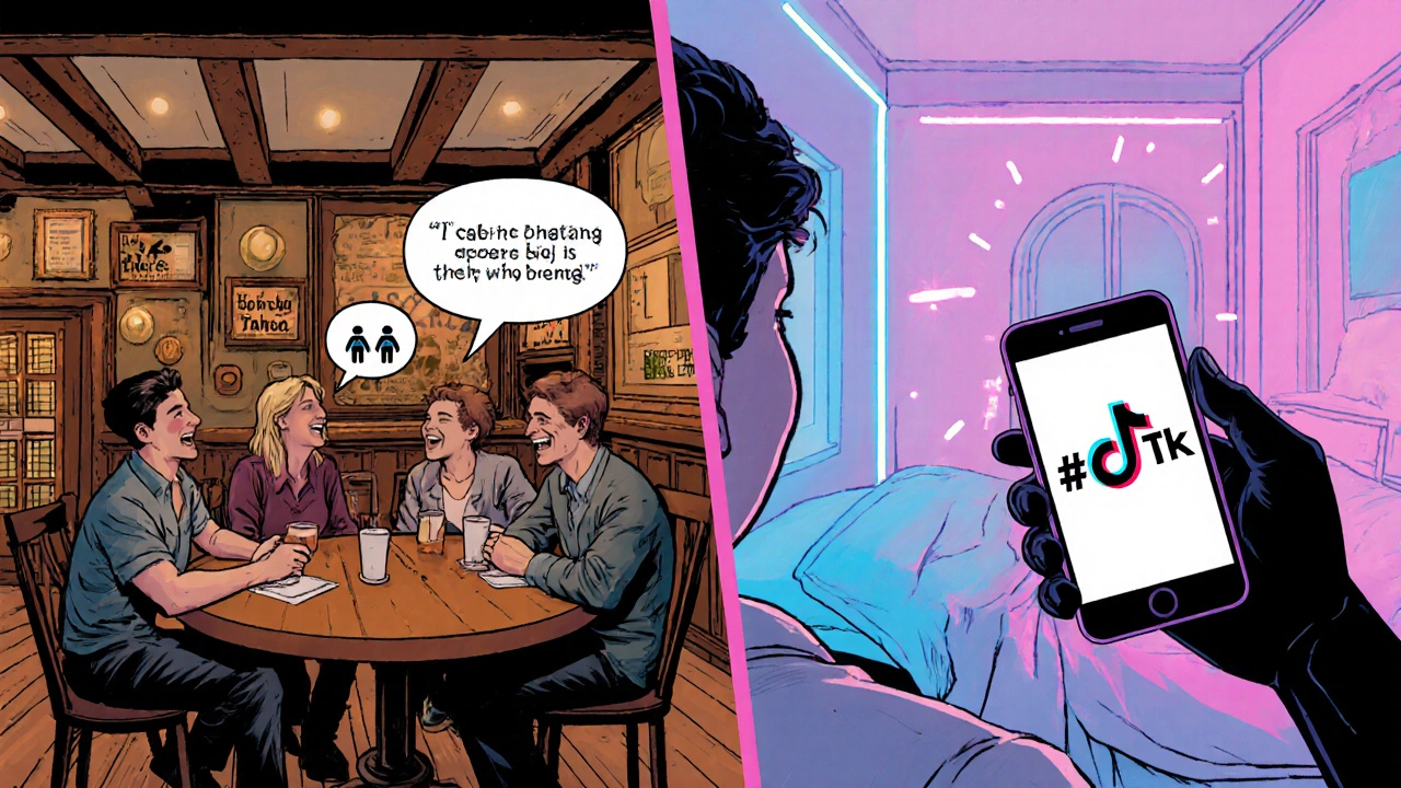 Split comic panel: British pub friends and American teen bedroom with TikTok and #bedding icons.