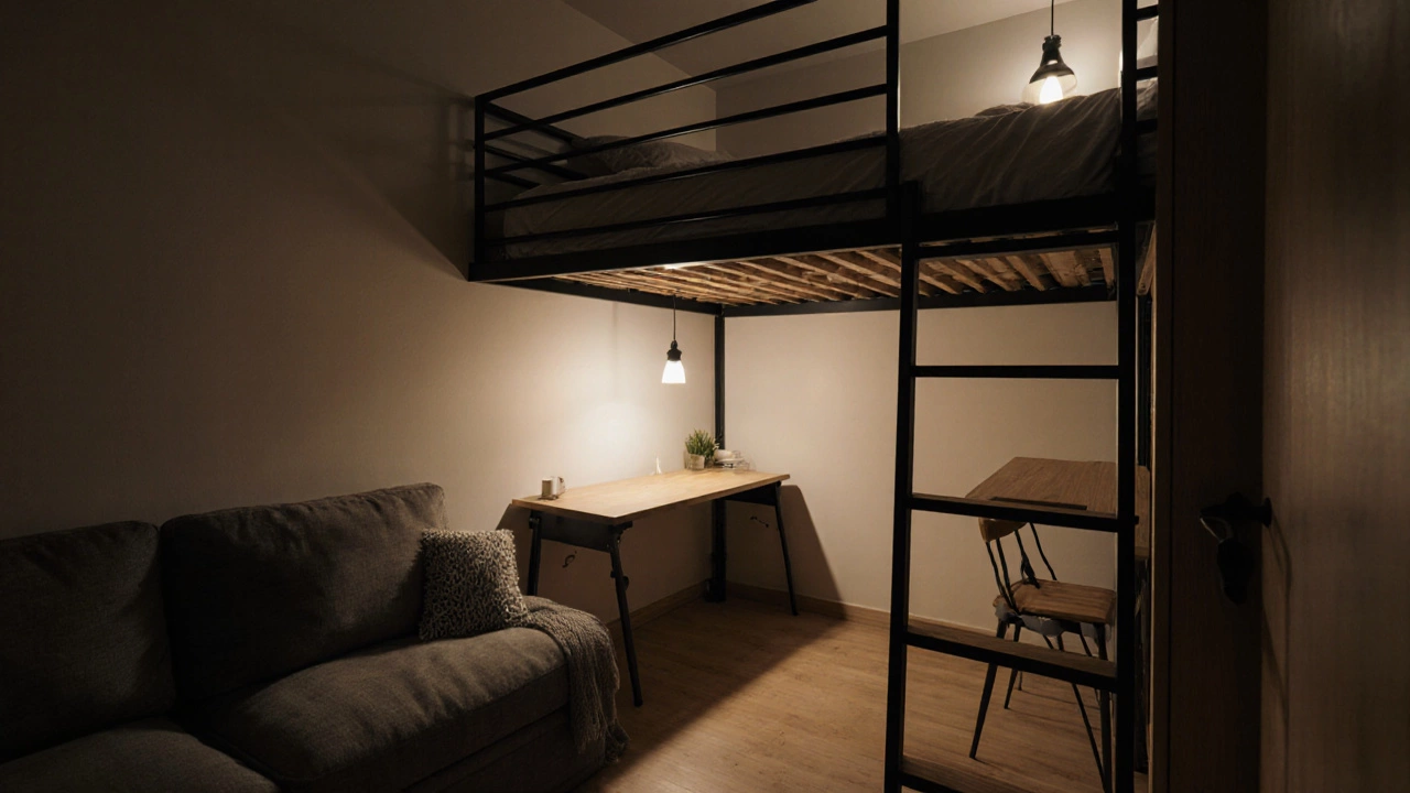 Studio apartment with loft bed, storage sofa, and fold‑down table at night.