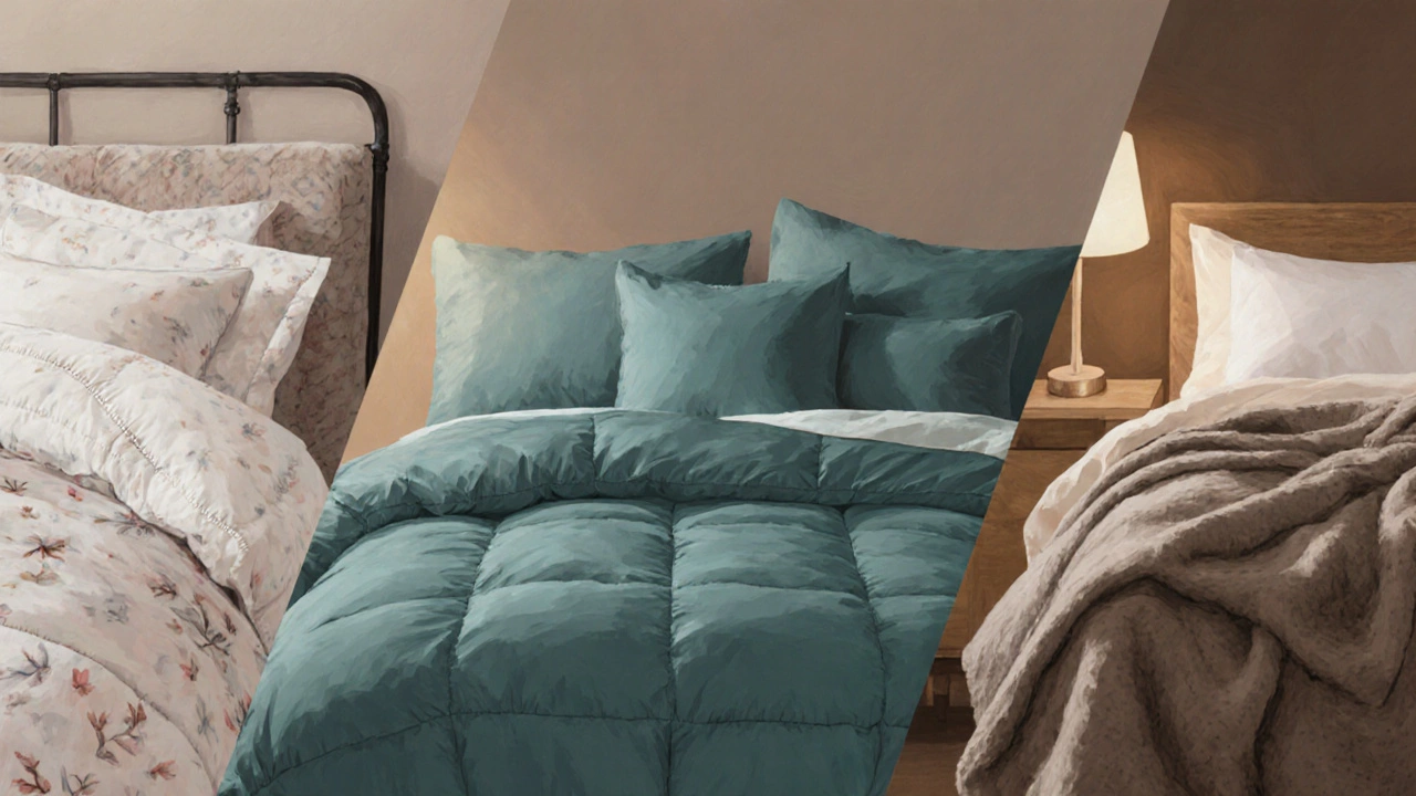 Three beds side by side showing a duvet, a comforter, and a wool blanket.