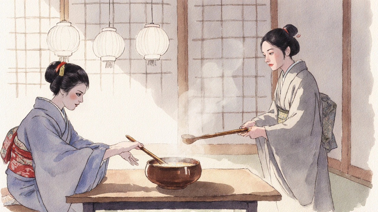 Traditional tea‑house scene showing a polished wooden suki presenting a bowl of broth to a guest.