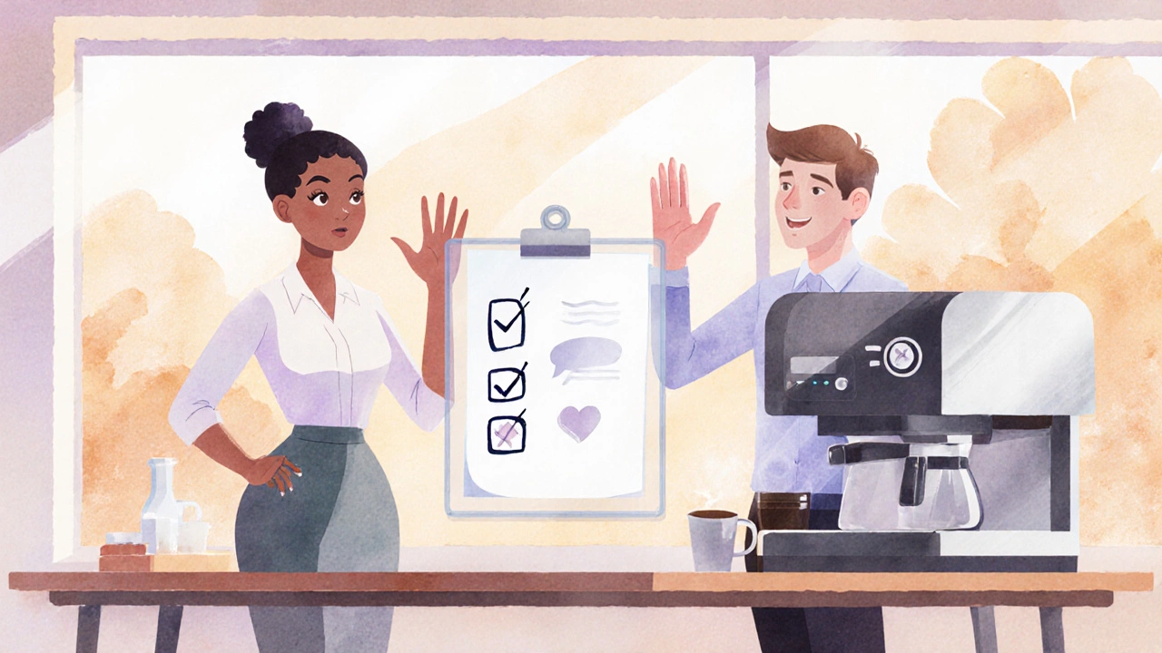 Watercolor office scene showing two colleagues communicating respectfully with a consent checklist.